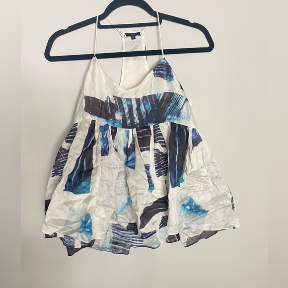 Tibi Silk Printed Top Blue White Peplum Racerback Abstract Print Tank Top Size 0 - Picture 3 of 6